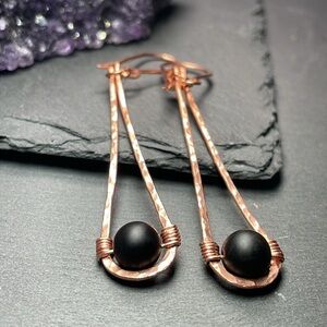 Natural Black Onyx Gemstone Hammered Copper Dangling Earrings